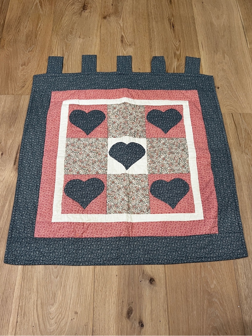 Handmade Heart Quilt Wall Hanging Pink Floral Patchwork 33x33